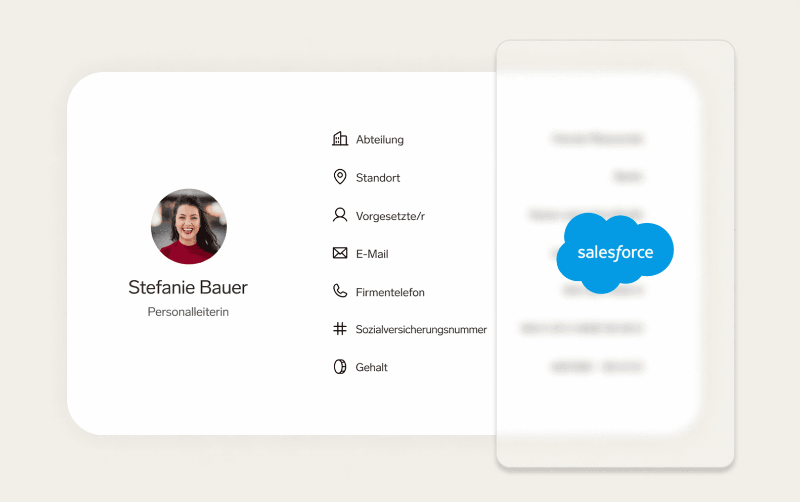 User profile interface for Stefanie Bauer, HR Manager, showing personal details and a Salesforce logo.