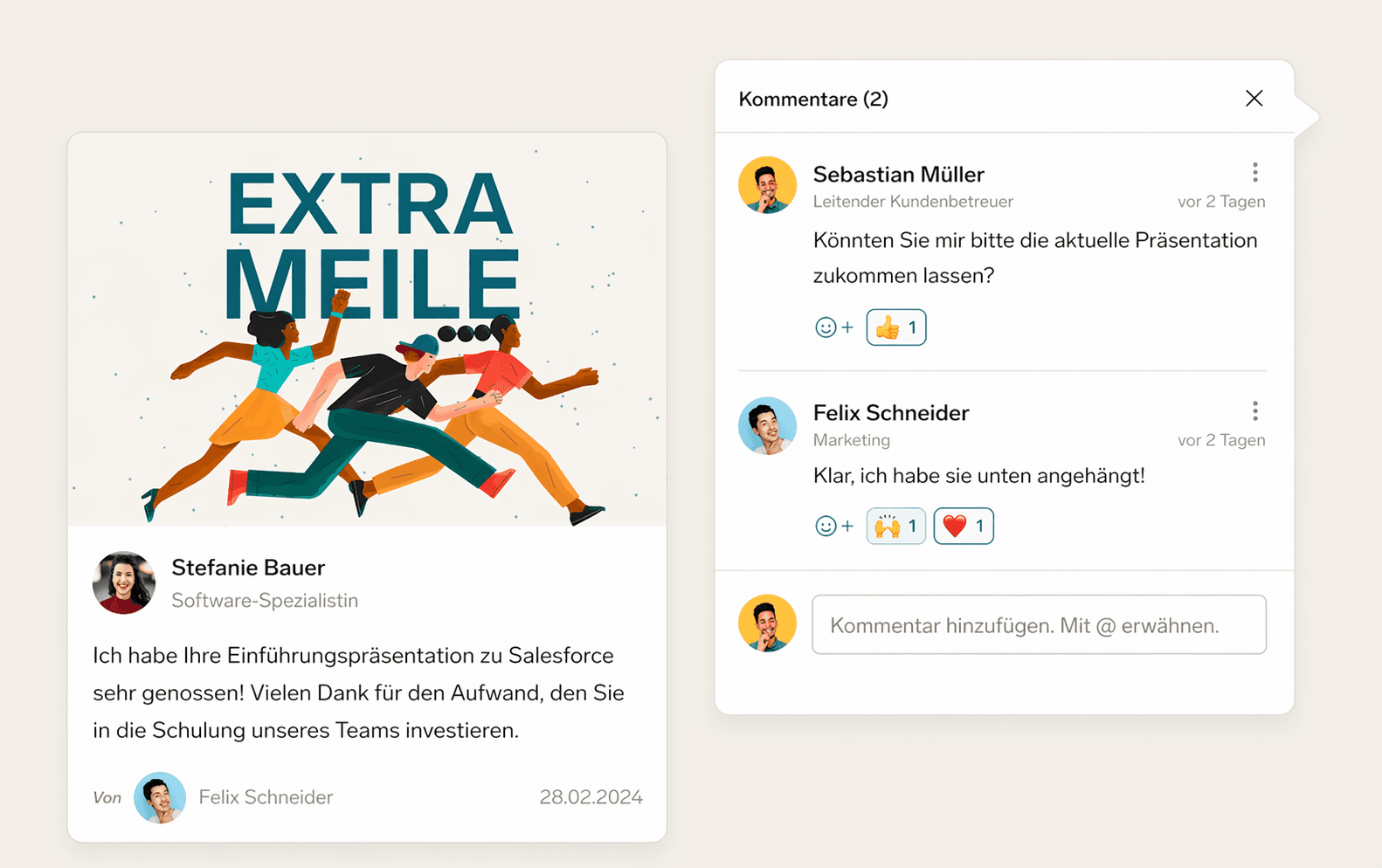 Illustration of three diverse people running under 'EXTRA MEILE' text, representing teamwork and effort.