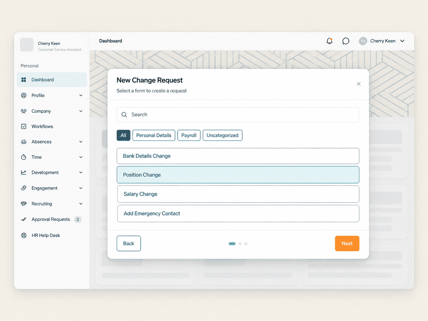 New change request dialog in the flair Employee Hub with form categories