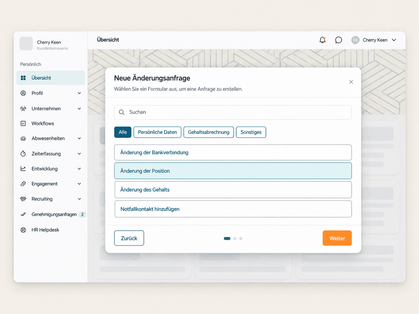 Dialog für einen neuen Änderungsantrag im flair Employee Hub mit Formularkategorien