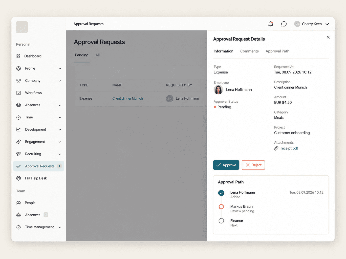Approval request details in flair with Approve and Reject buttons and the approval path
