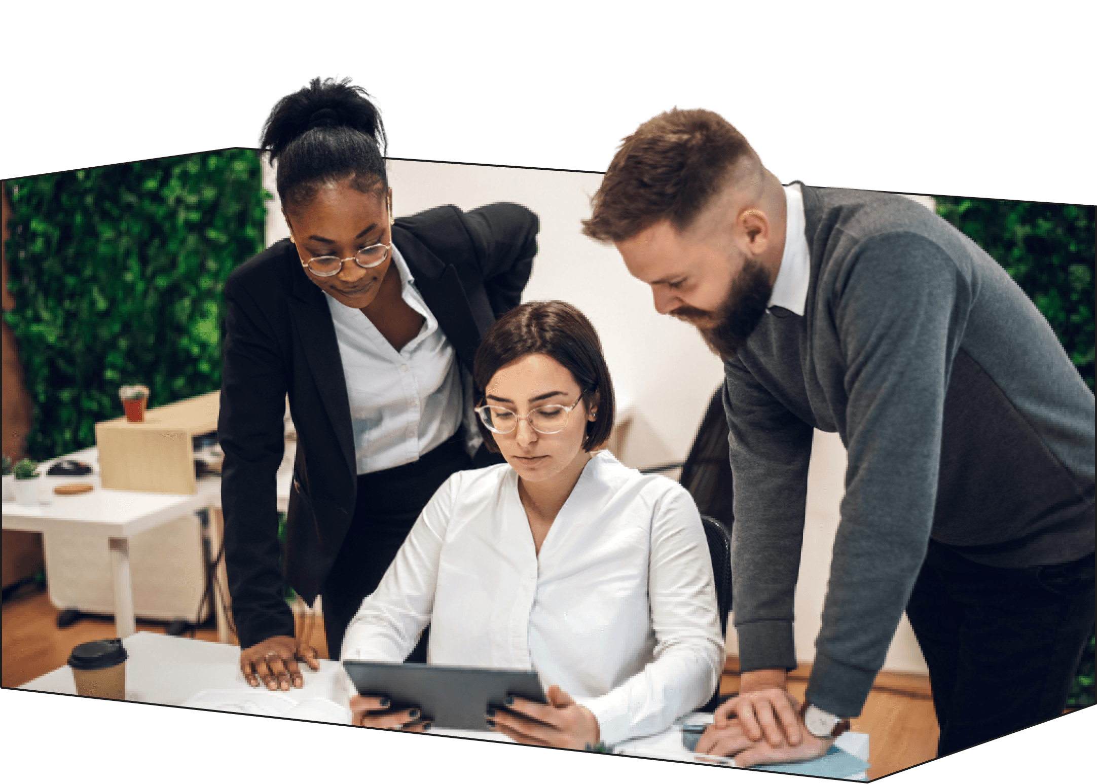3 office workers solving a problem together through collaboration and communication