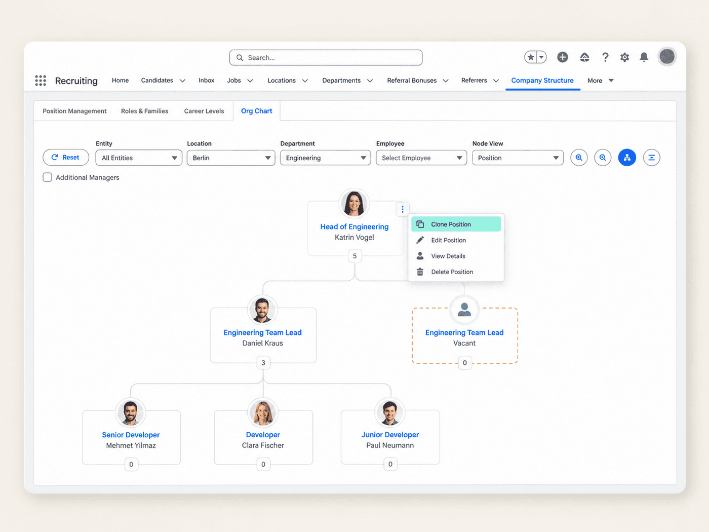 Org chart with positions, employees and filters for entity, location and department