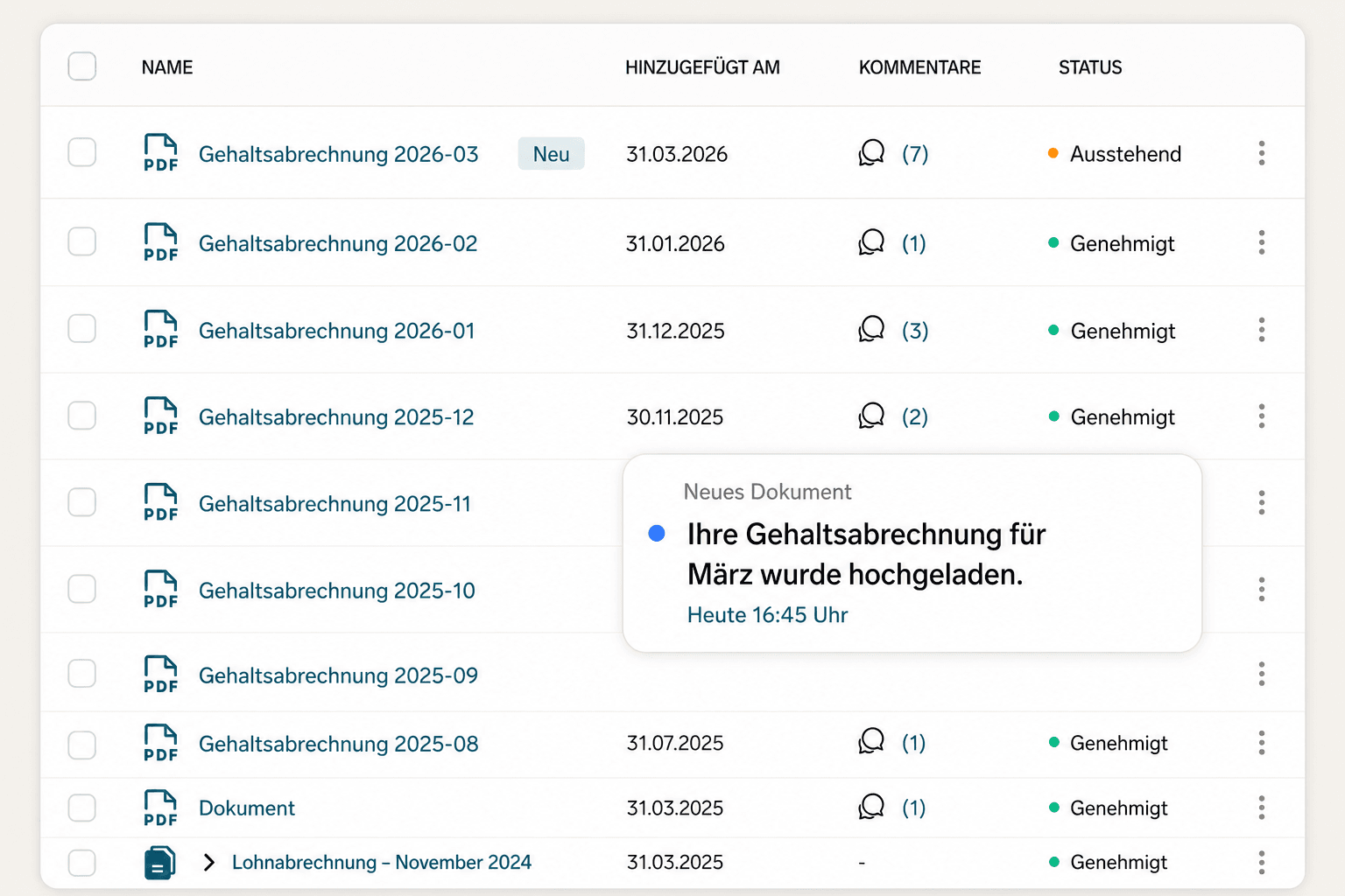 Digital interface listing German payslips with statuses, showing a new document upload notification.