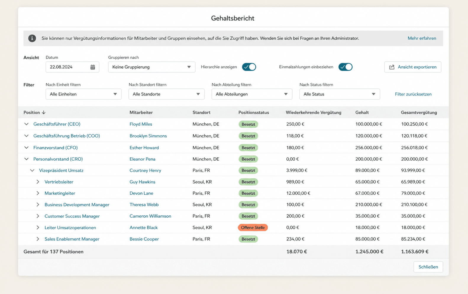 German software interface table with job positions, employee details, salaries, and filter controls.