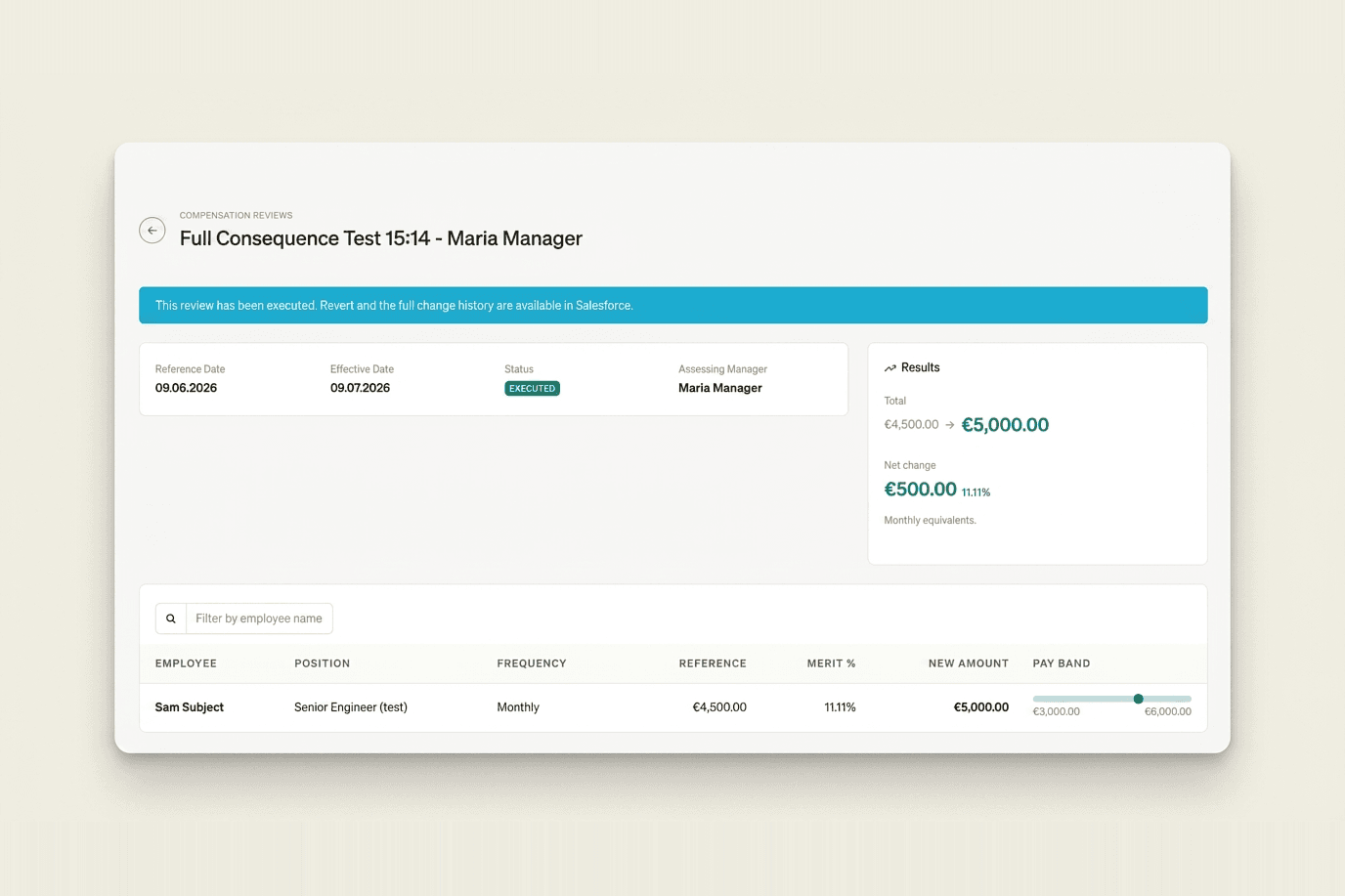 Manager-Hub-Ansicht für Gehaltsempfehlungen und Genehmigungsstatus