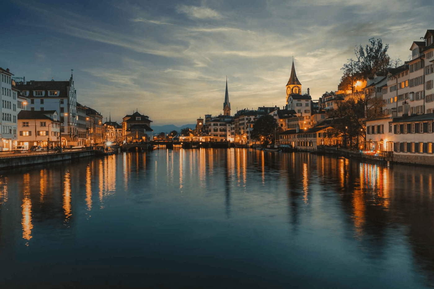 Zurich waterfront at dusk