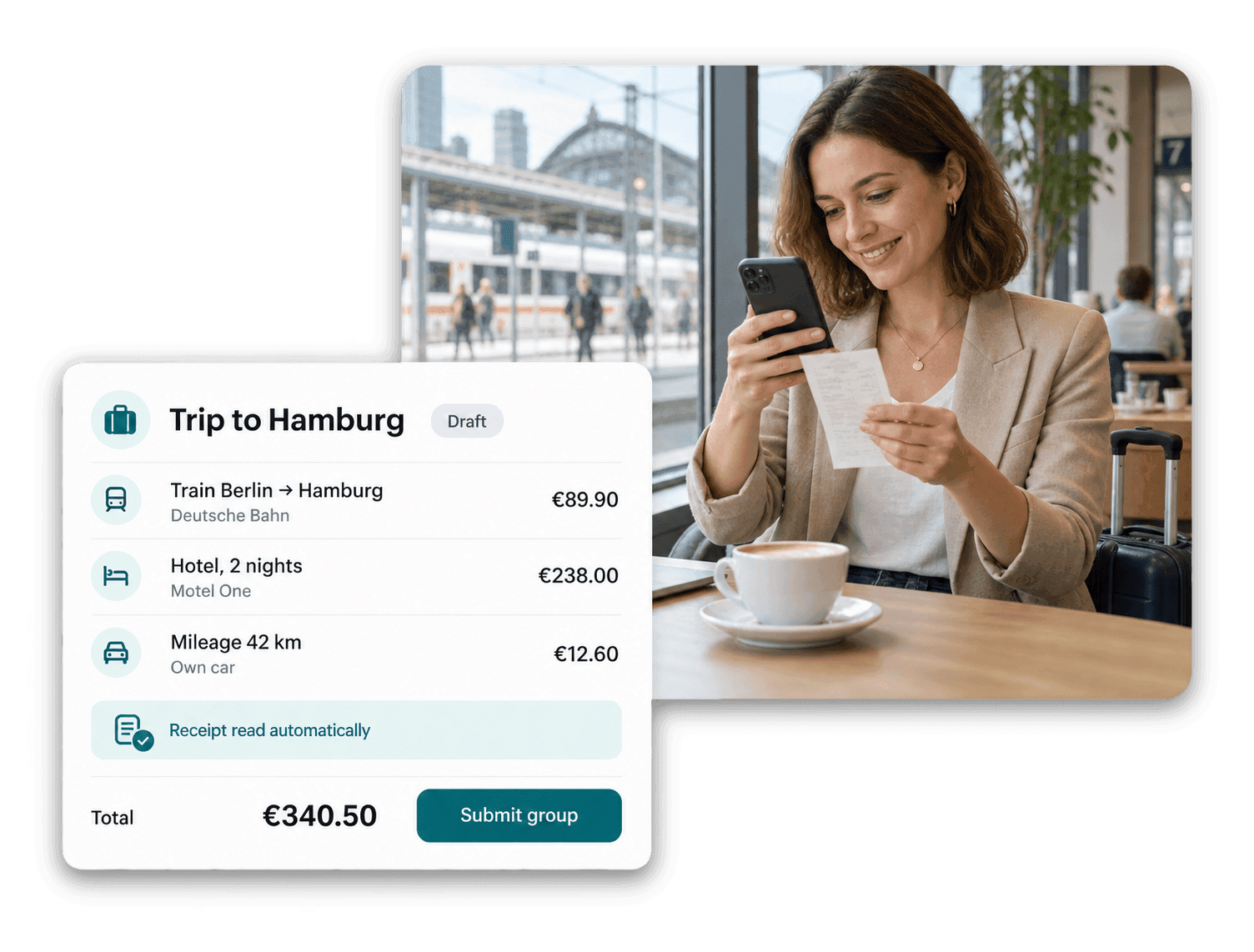 Employee submitting a travel expense with a receipt in flair