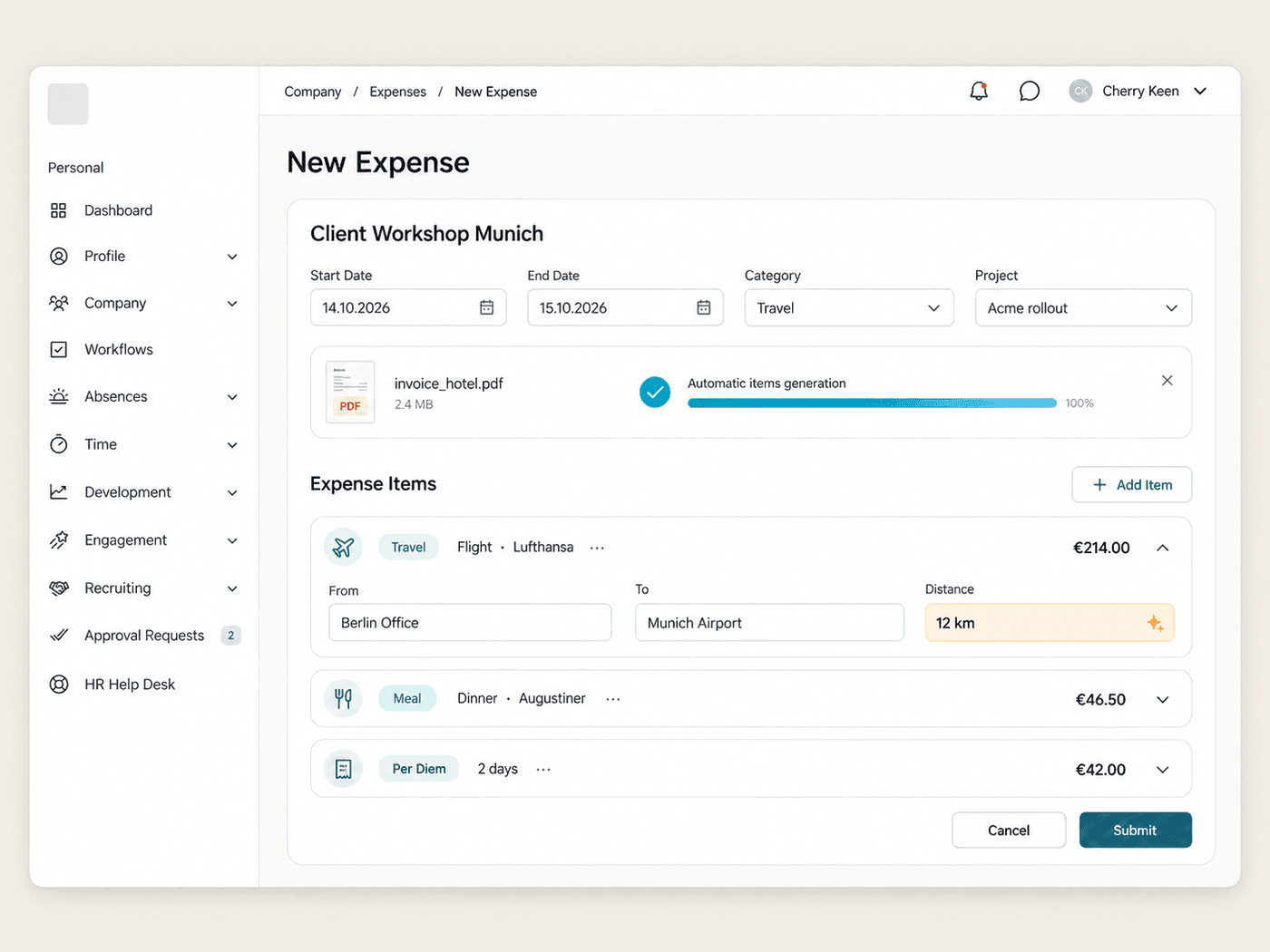Expense group for a business trip with expense items in the Employee Hub