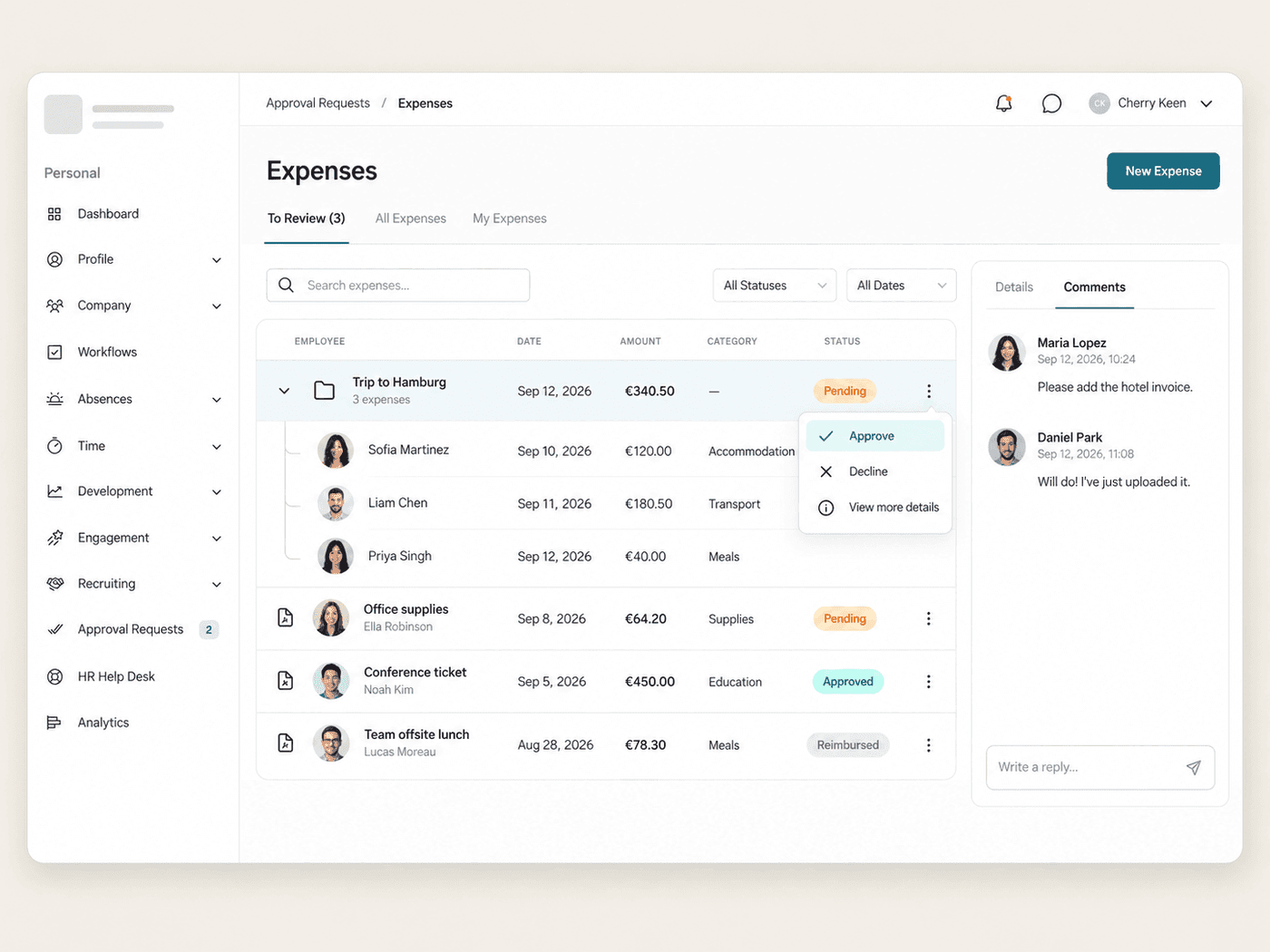 Manager view of pending expense groups with approve and decline actions