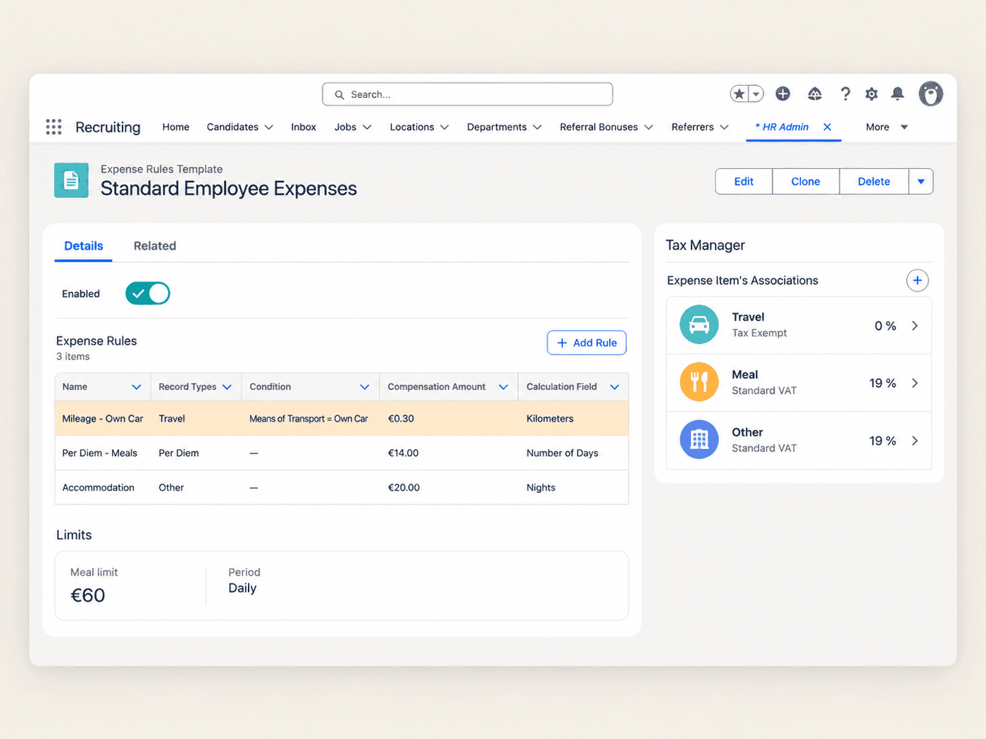Expense rules template with mileage and per diem rules and tax rates