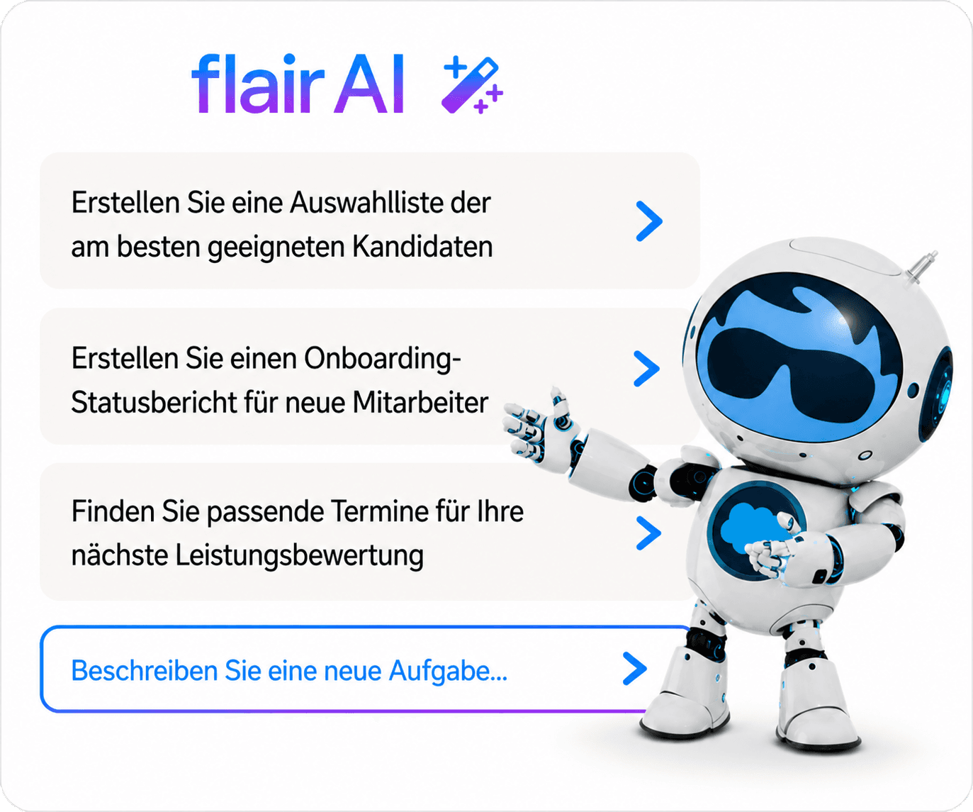 flair AI robot assistant guides users through HR tasks like candidate selection and onboarding.