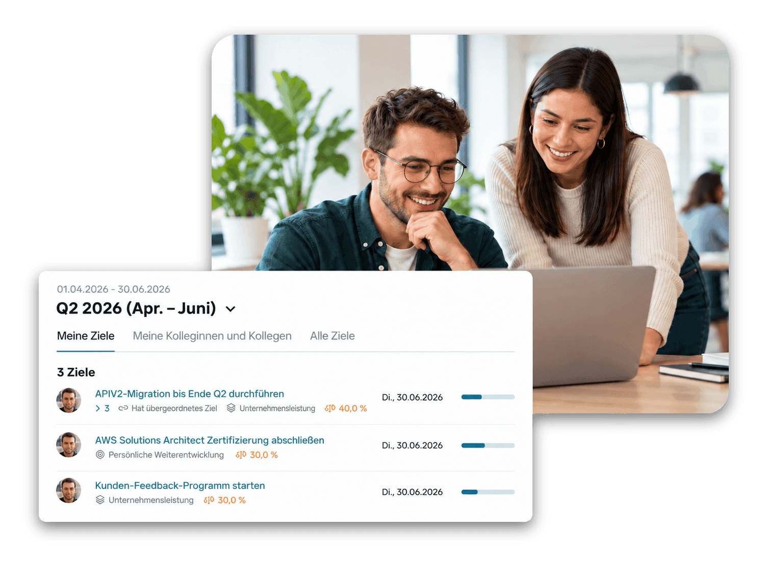 Zielseite im Employee Hub mit Zielen des Quartals, ihren Kategorien, Gewichtungen und Fortschritt