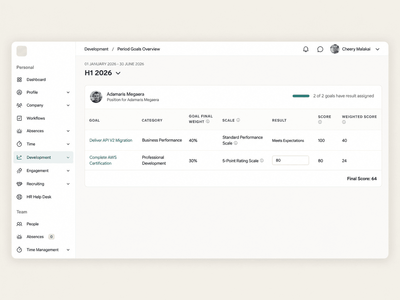 Period Goals Overview with goals, categories, final weights, results and weighted scores per employee