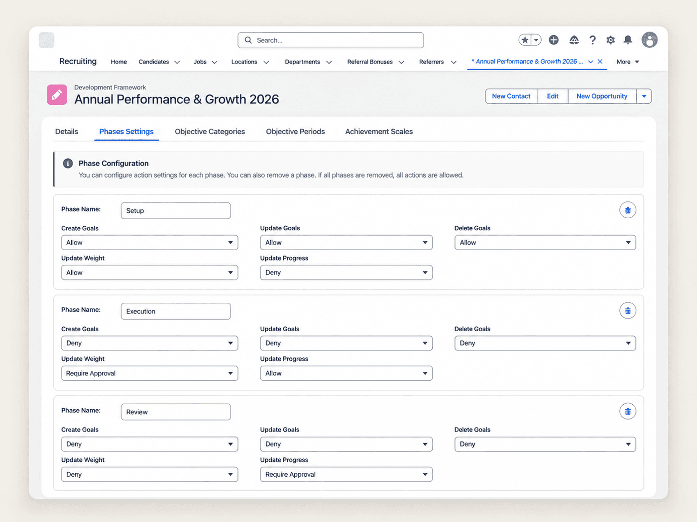 Phase settings with Allow, Deny and Require Approval options for Setup, Execution and Review