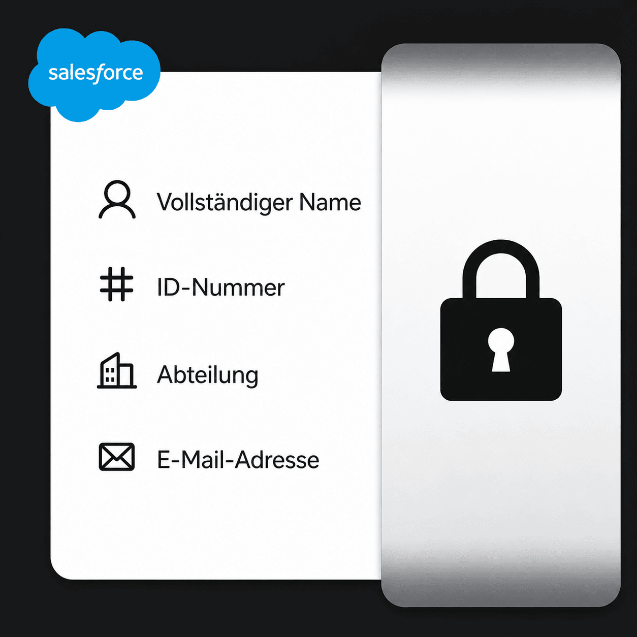 Salesforce profile screen displaying German data fields and a large security lock icon.