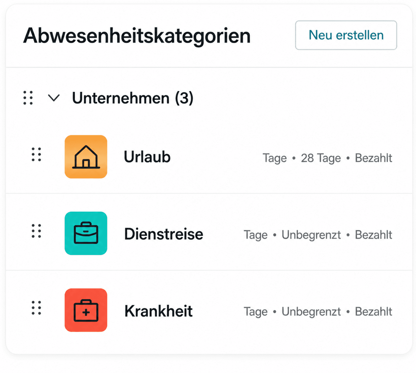 UI displaying absence categories: Vacation, Business Trip, and Illness with their respective details.