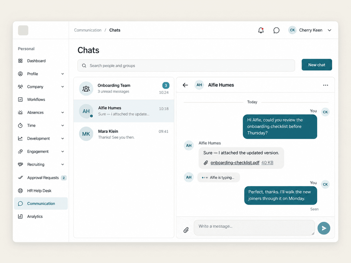 Direct chat in the Employee Hub with an attached file and a Seen receipt