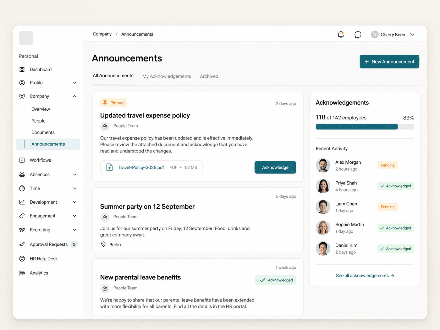 Pinned company announcement with acknowledgement status in the Employee Hub