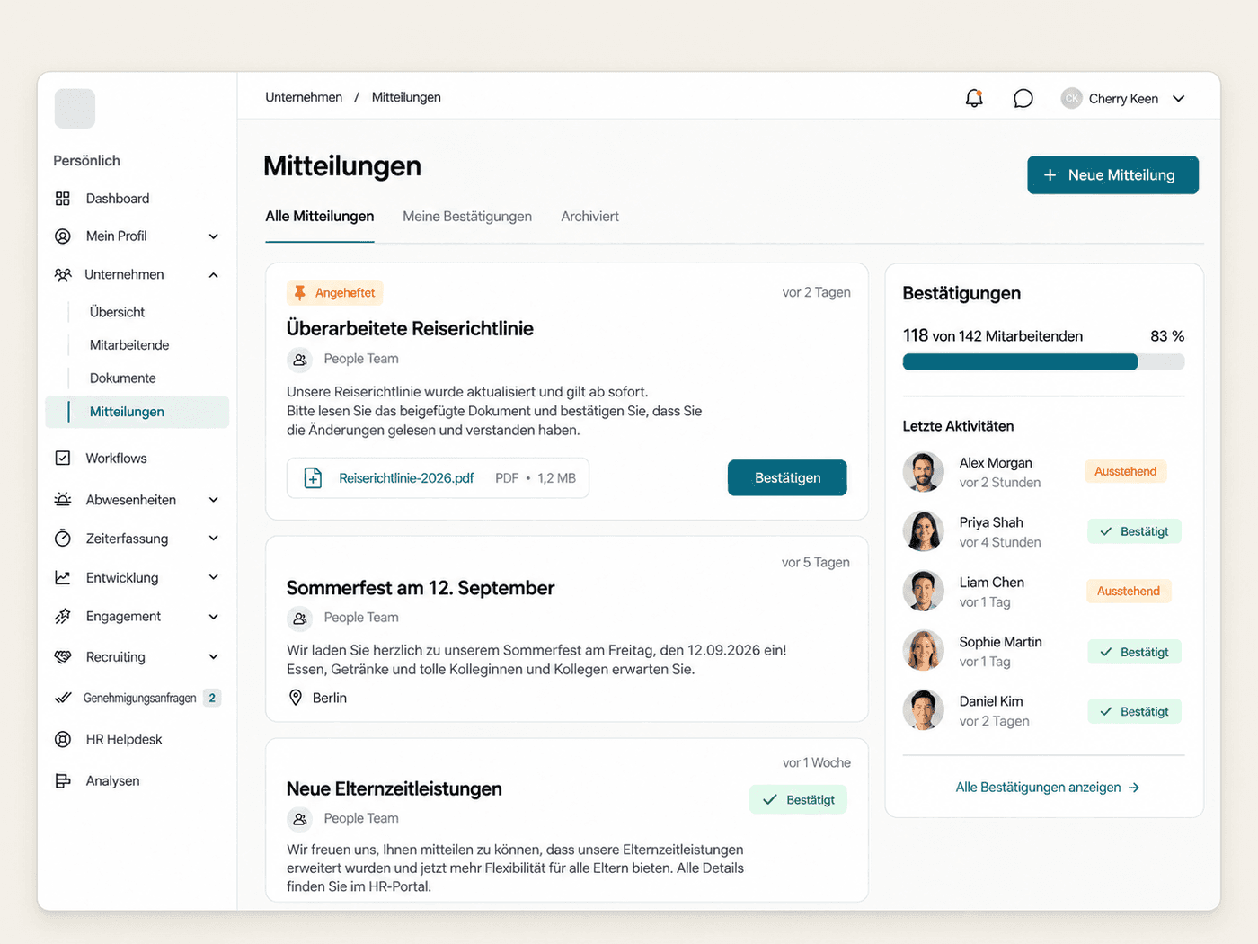 Angeheftete Unternehmensankündigung mit Lesebestätigung im Employee Hub