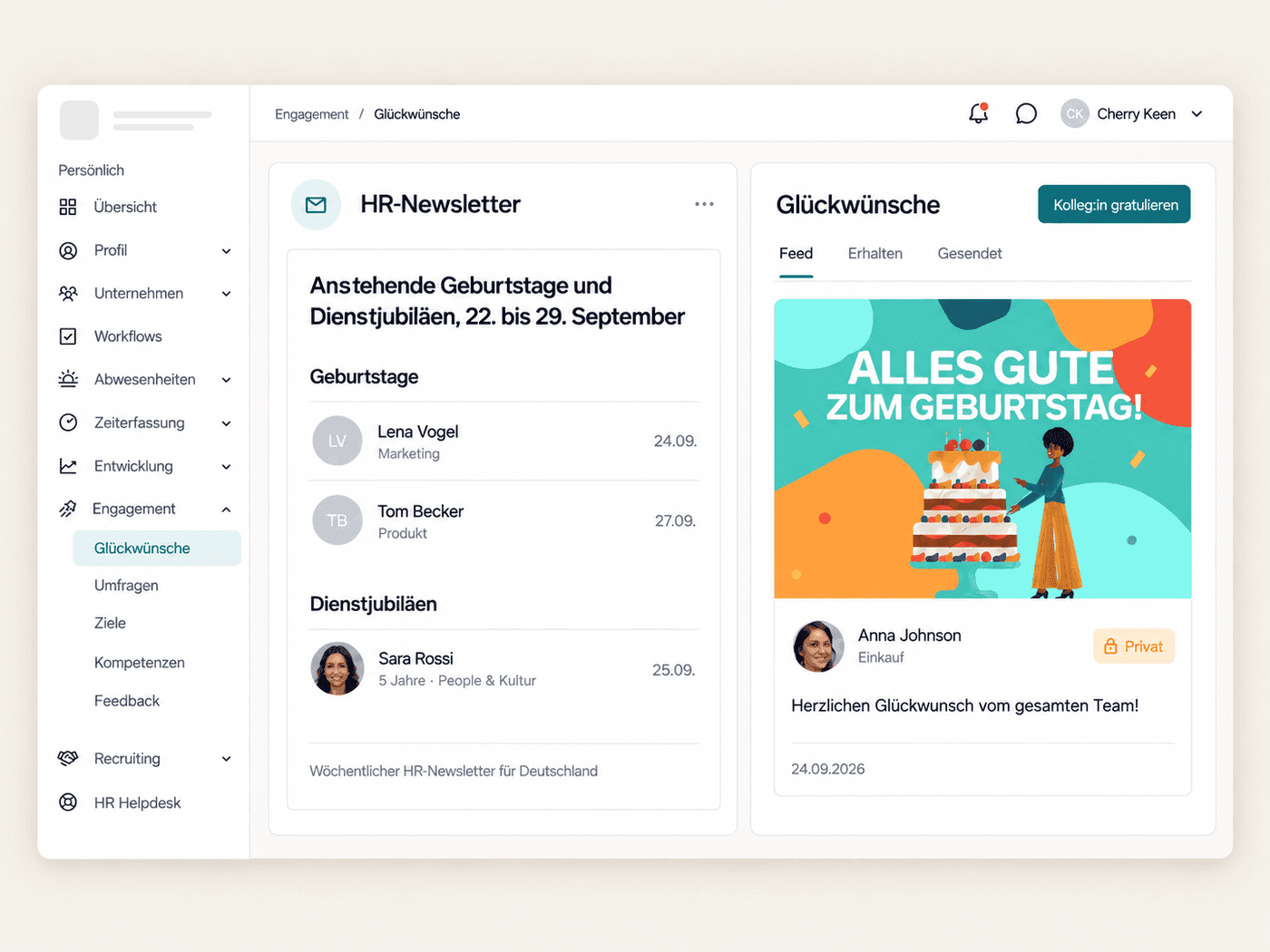 Cheers-Feed im Employee Hub mit Geburtstags- und Dankeskarten