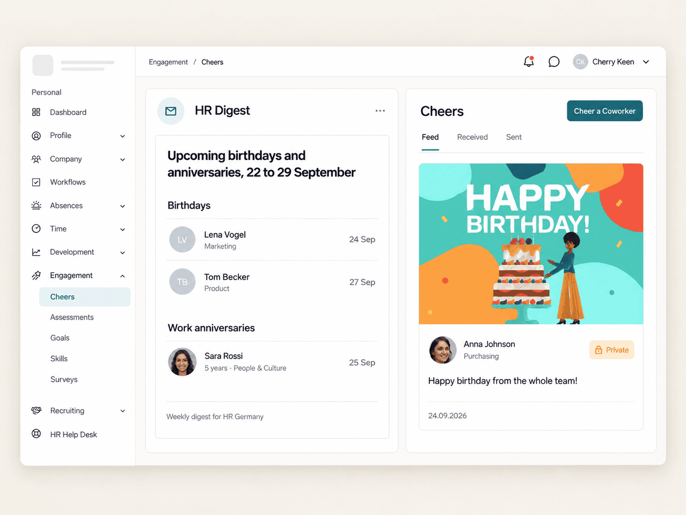 Cheers feed in the Employee Hub with birthday and thank-you cards