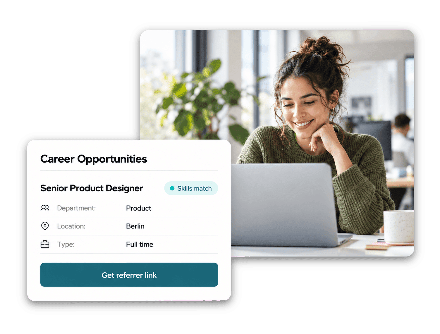 Employee viewing an open job in the Employee Hub with its details and a Get referrer link button