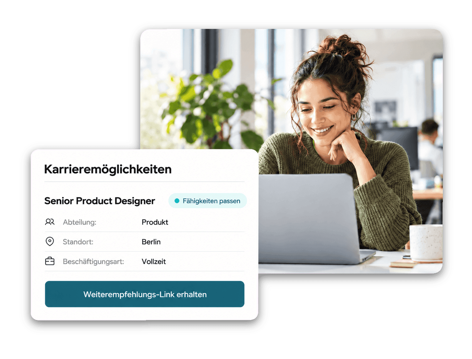 Mitarbeiterin sieht eine offene Stelle im Employee Hub mit Stellendetails und der Schaltfläche Get referrer link