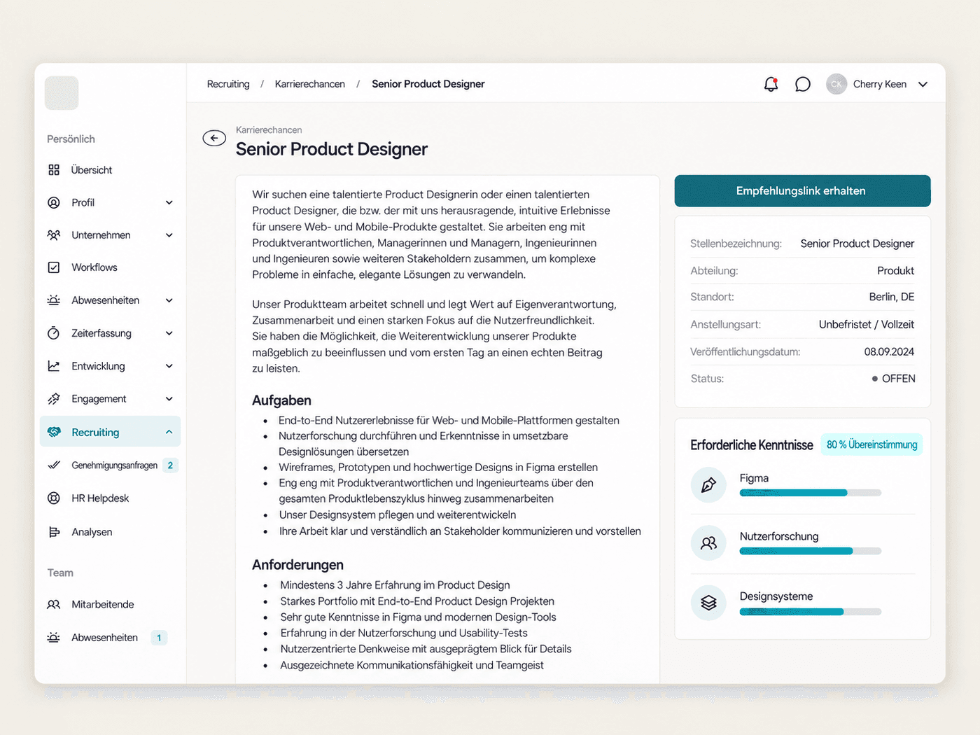 Stellenansicht in den Career Opportunities des Employee Hub mit Stellendetails und benötigten Skills