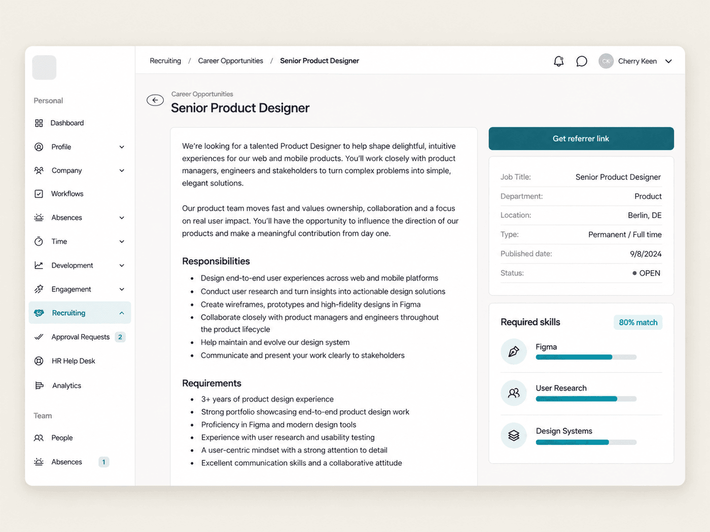 Job detail in the Employee Hub Career Opportunities board with job details and required skills