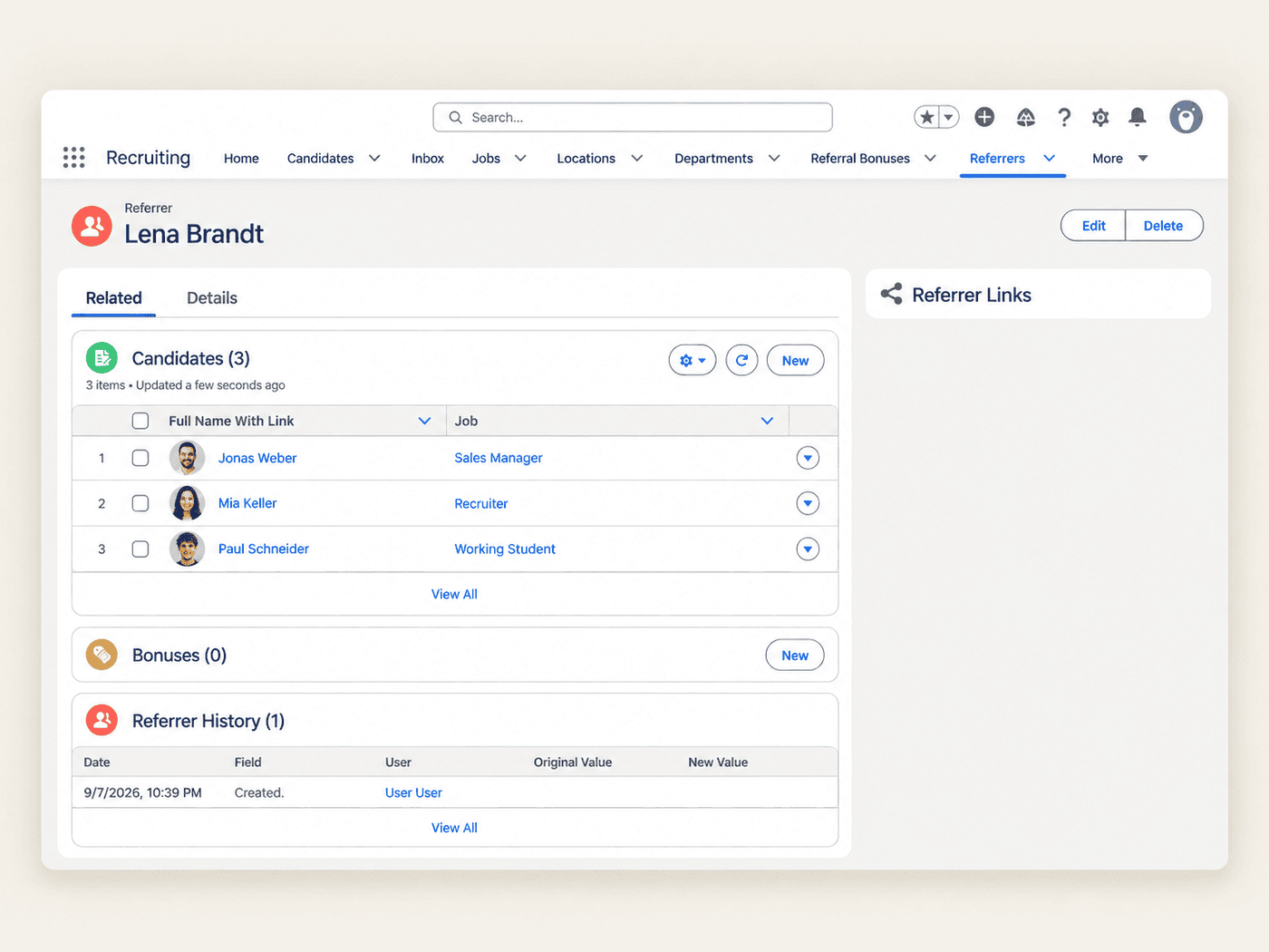 Referrer record in flair Recruiting listing the candidates who applied through an employee's link