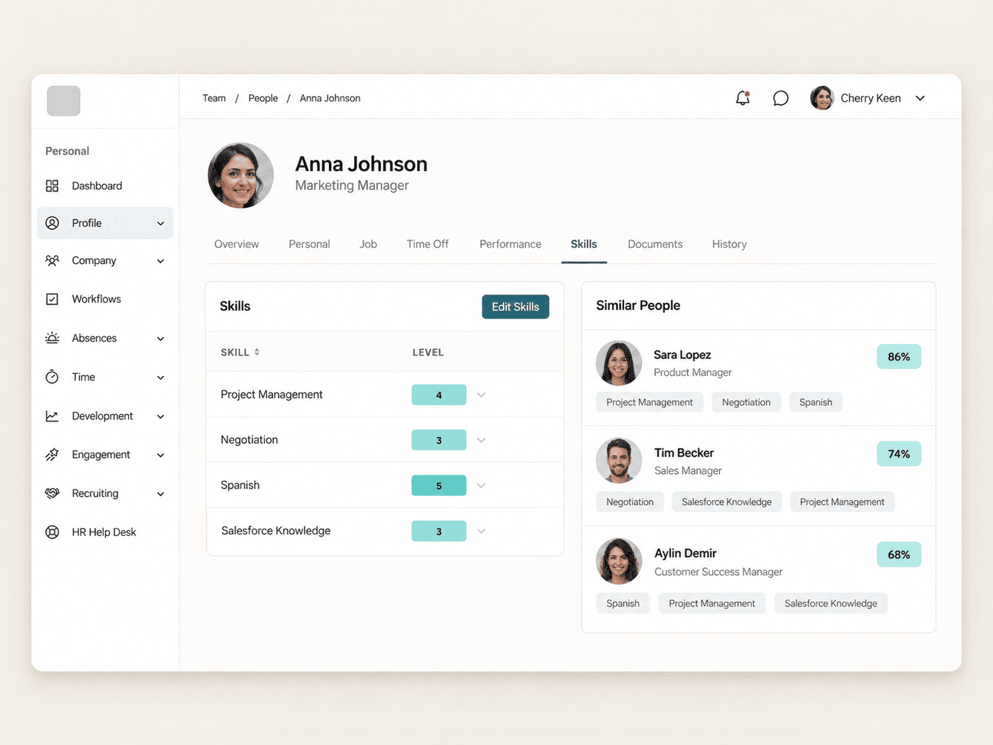 Employee Hub profile with rated skills and a Similar People card showing match percentages