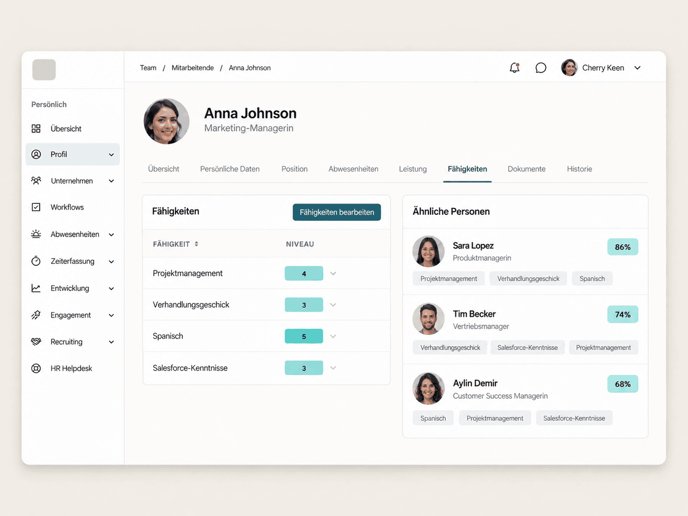 Profil im Employee Hub mit bewerteten Skills und einer Karte Ähnliche Personen mit Prozentwerten