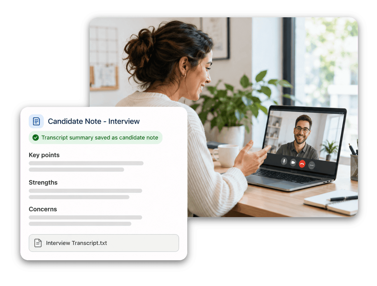 Recruiter in an online interview next to an AI interview summary card