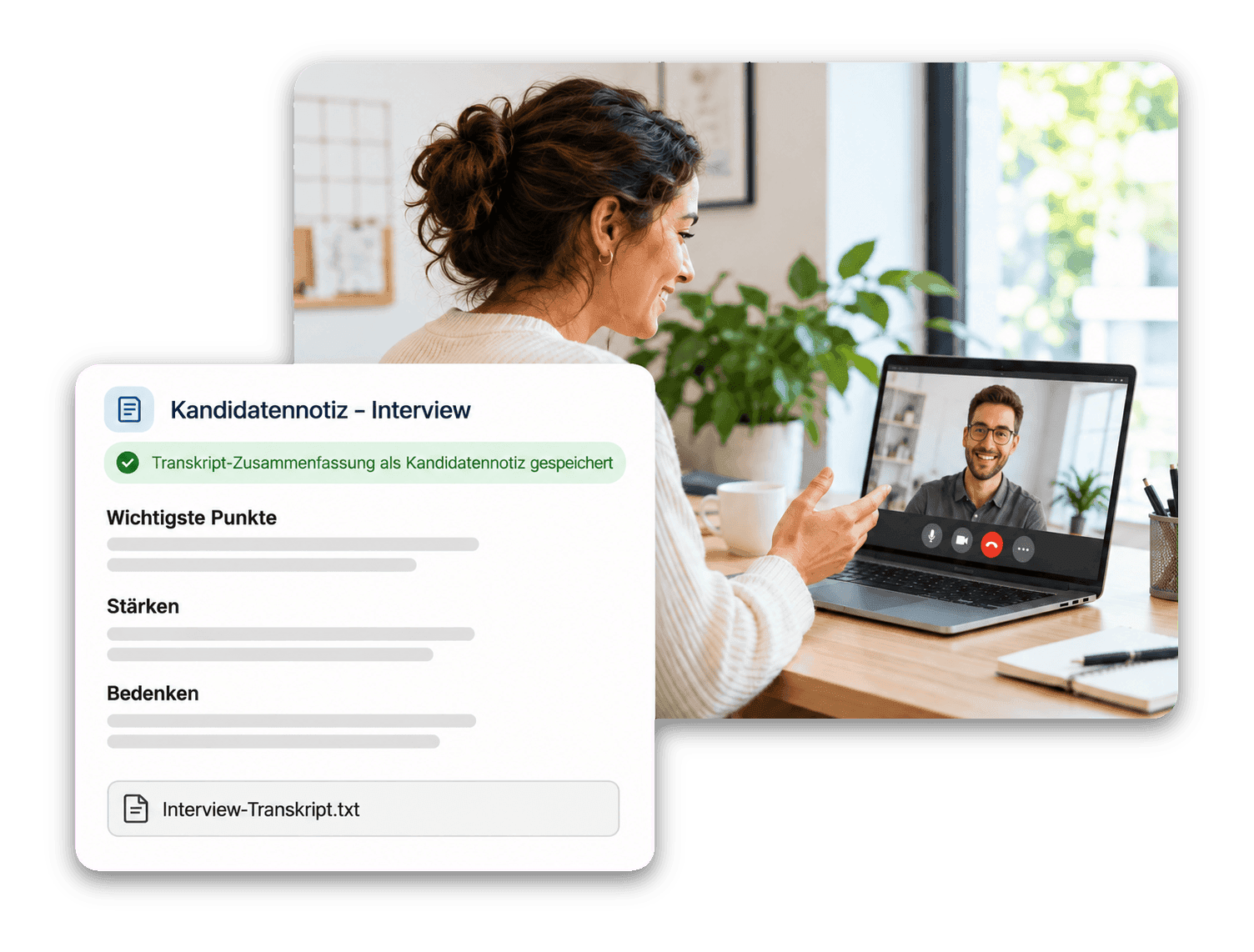 Recruiterin im Online-Interview neben einer Karte mit KI-Interviewzusammenfassung