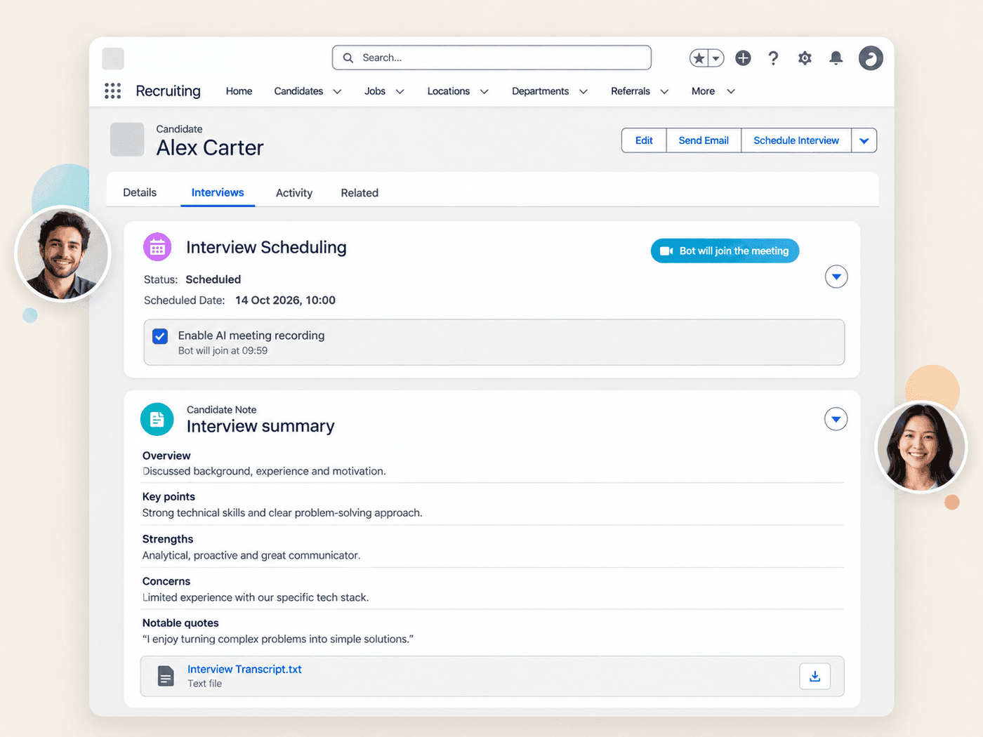 Scheduled interview with AI meeting recording enabled and an AI-generated interview summary