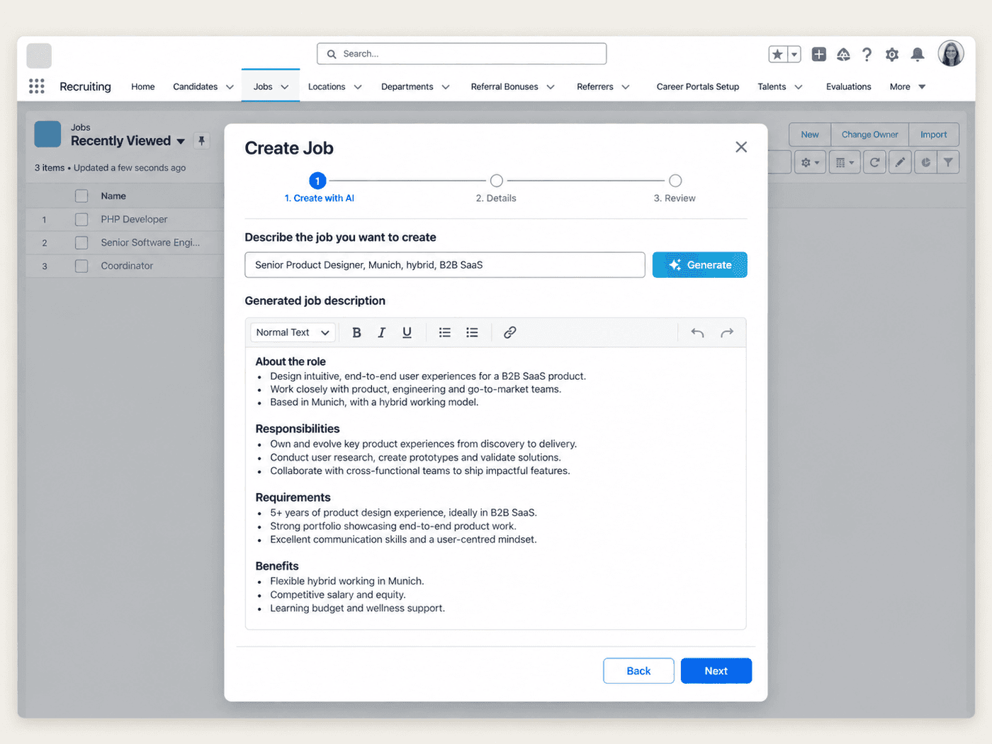 Create Job wizard with a prompt and an AI-generated job description