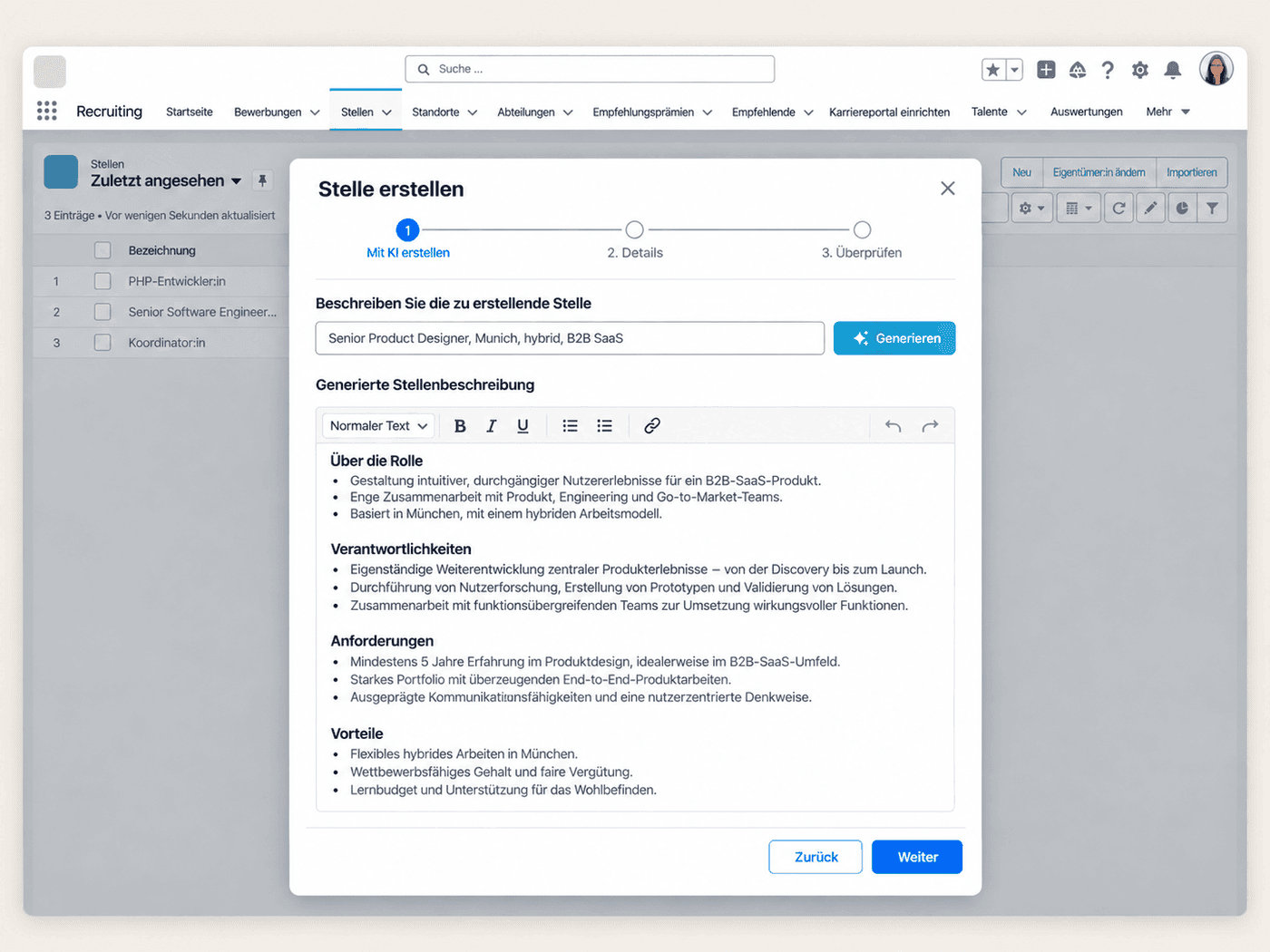 Assistent zum Anlegen einer Stelle mit Prompt und KI-generierter Stellenbeschreibung