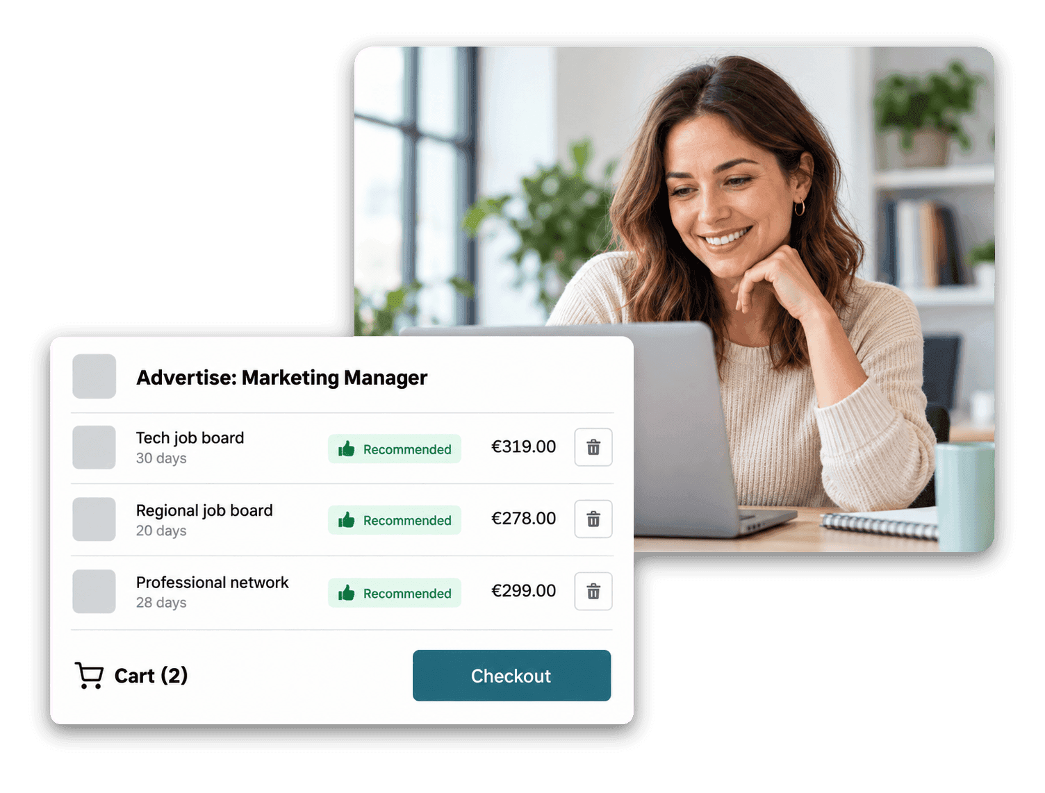 Job board catalog with recommended channels and a campaign cart in flair Recruiting