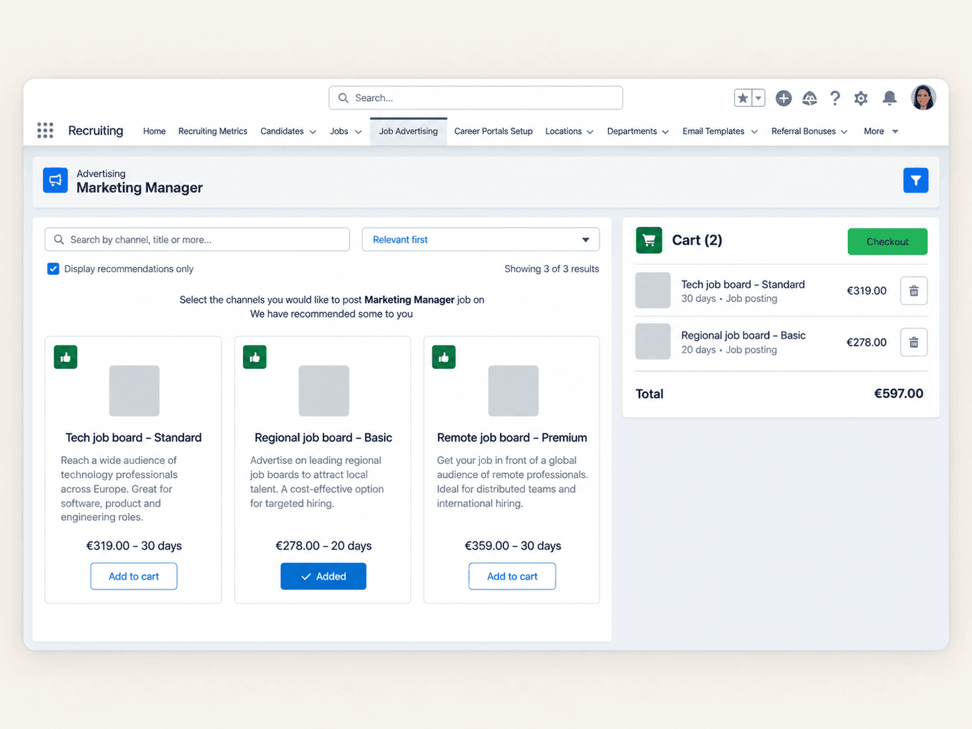 Job board catalog with recommended channels, prices and a cart ready for checkout