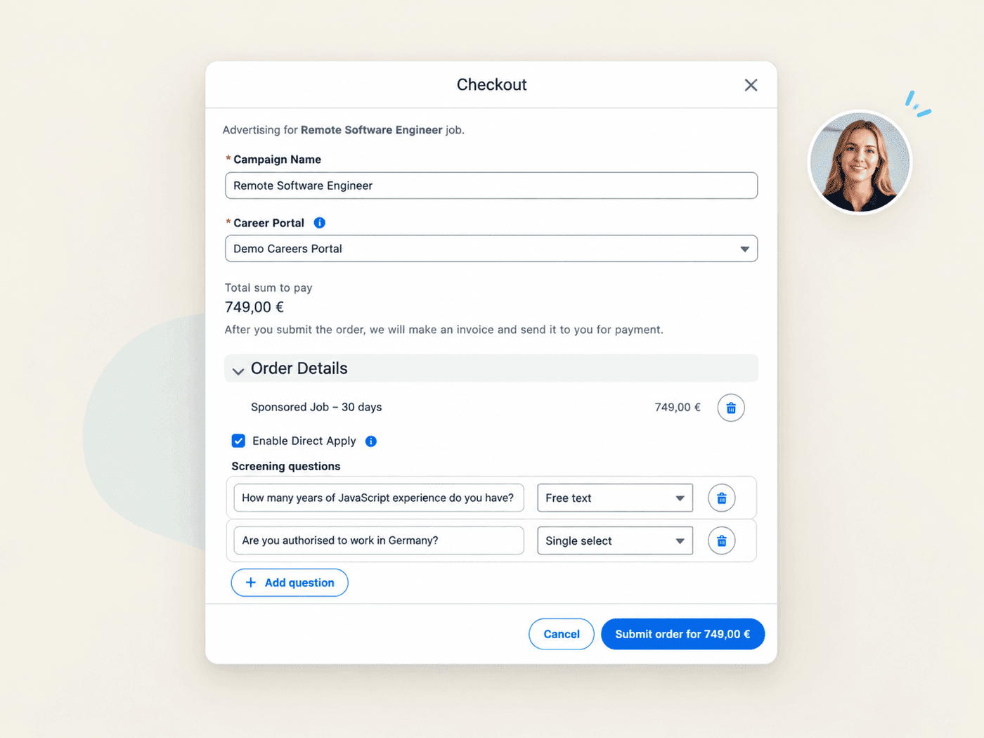 Checkout dialog with Direct Apply enabled and a screening questionnaire