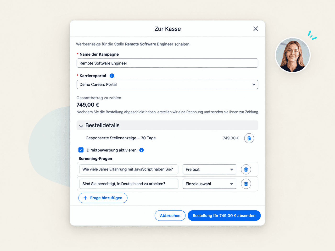 Checkout-Dialog mit aktiviertem Direct Apply und Screening-Fragebogen