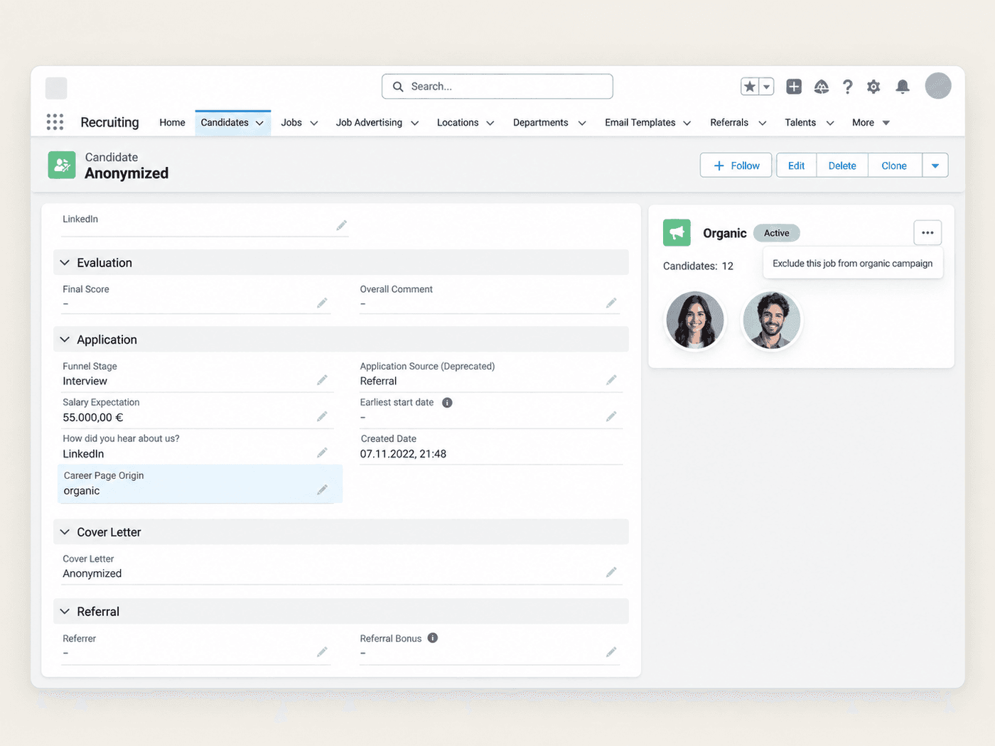 Candidate record showing the Career Page Origin of an application