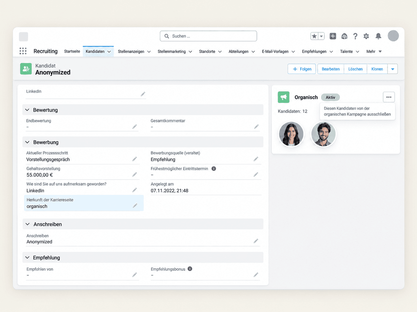 Kandidatendatensatz mit der Herkunft der Bewerbung (Career Page Origin)