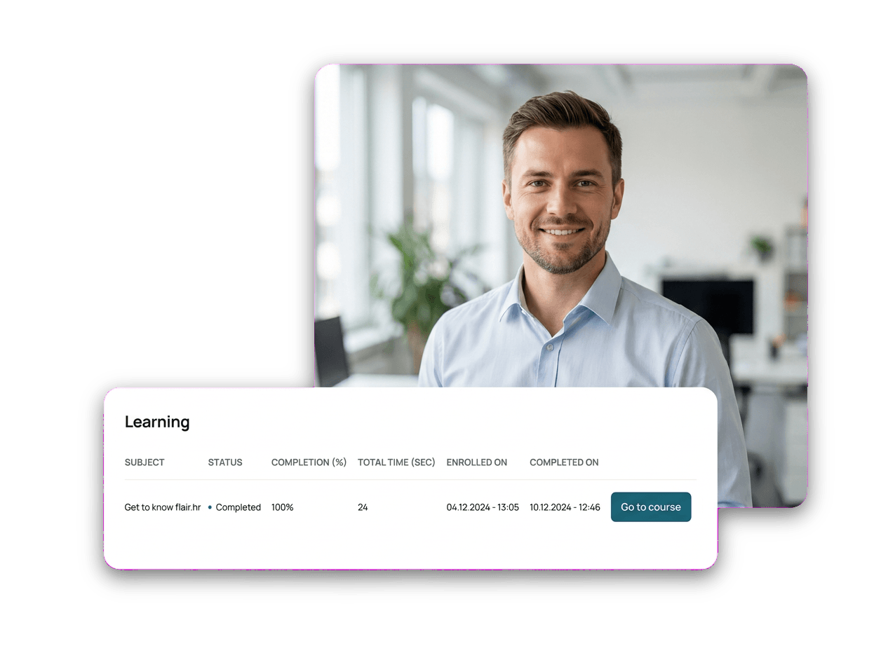 Employee learning dashboard in flair showing course progress and a go-to-course action