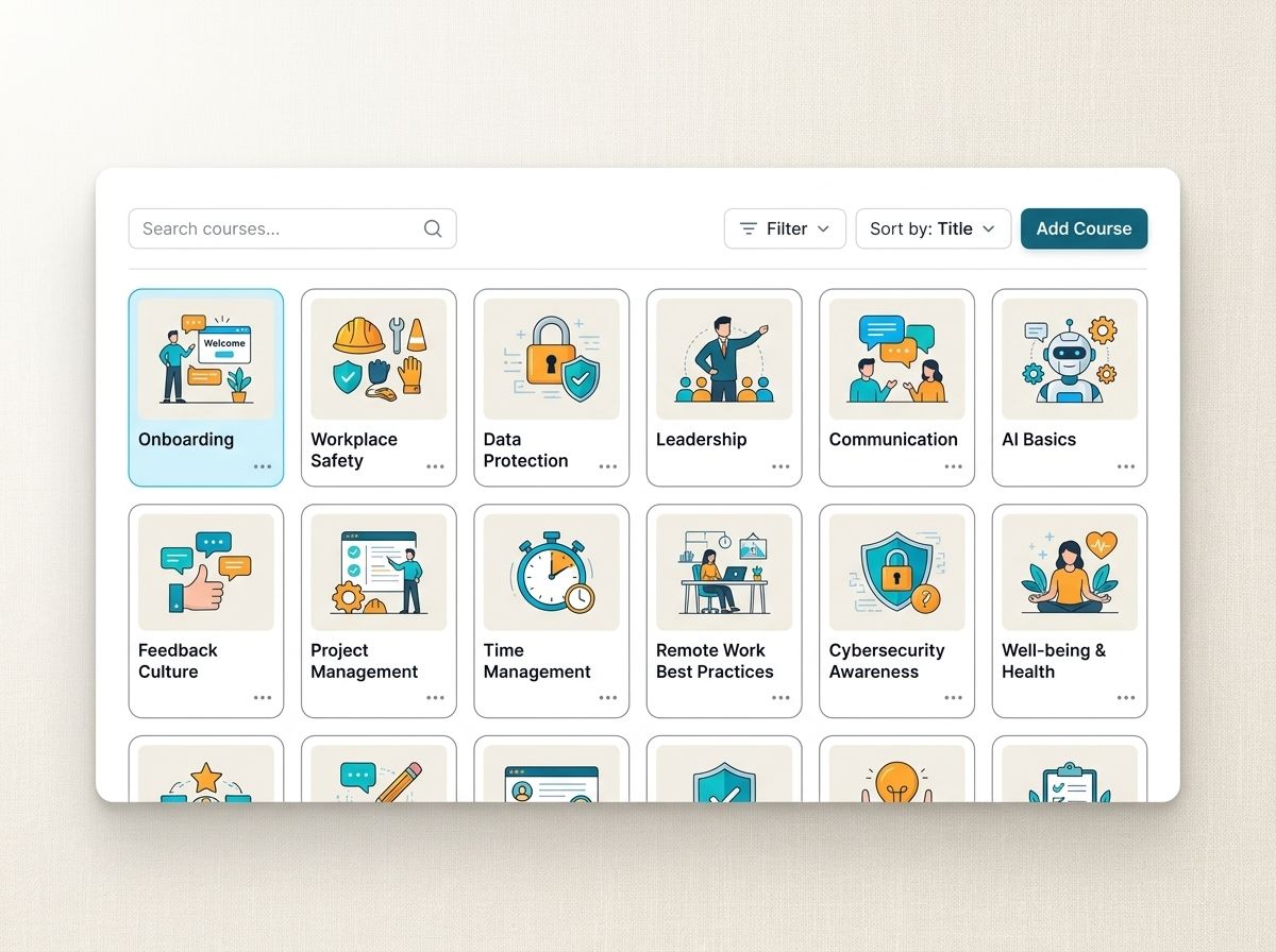 Course catalog grid of course cards with search, sorting, and an add-course action