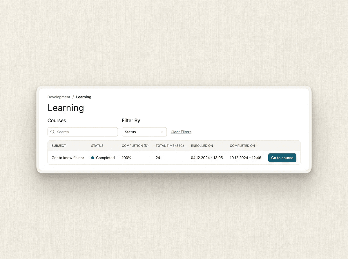 Employee Learning tab listing courses with status, completion percentage, and a go-to-course button