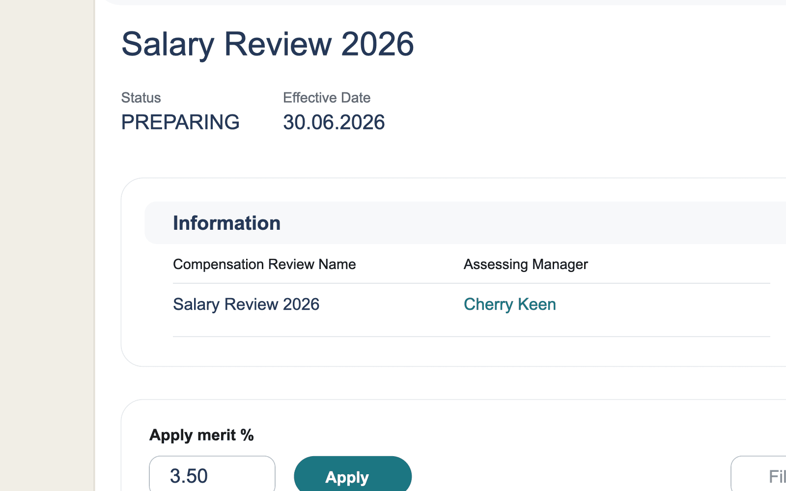 Salesforce-style compensation review with merit percentages and pay band checks