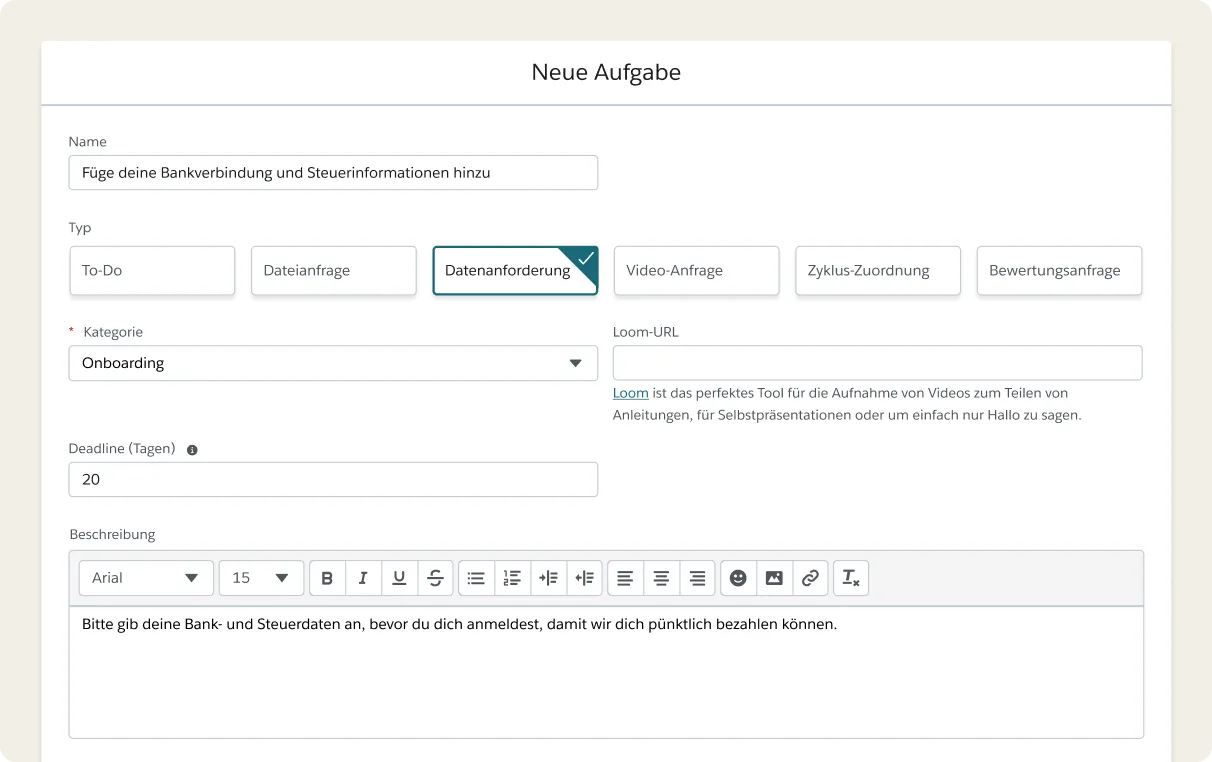 German web form 'Neue Aufgabe' with 'Untervormerkung' highlighted, showing task details entry.