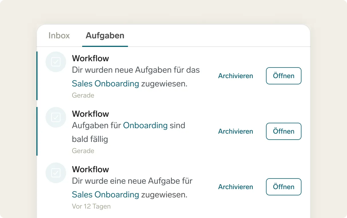 Digital task list showing German workflow notifications for sales onboarding and due tasks.